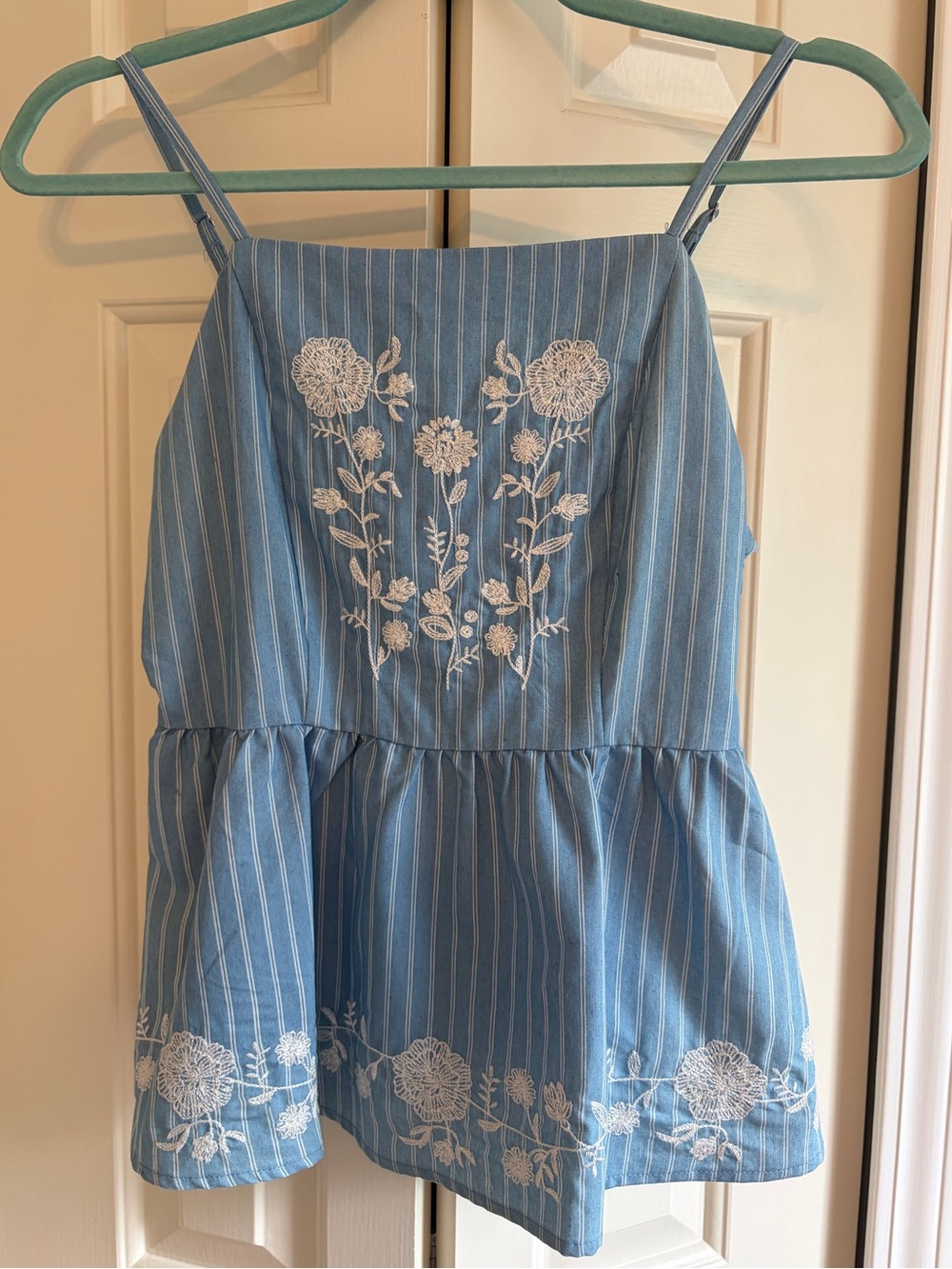 Harper Heritage Blue Striped Embroidered Spaghetti-Strap Peplum Top